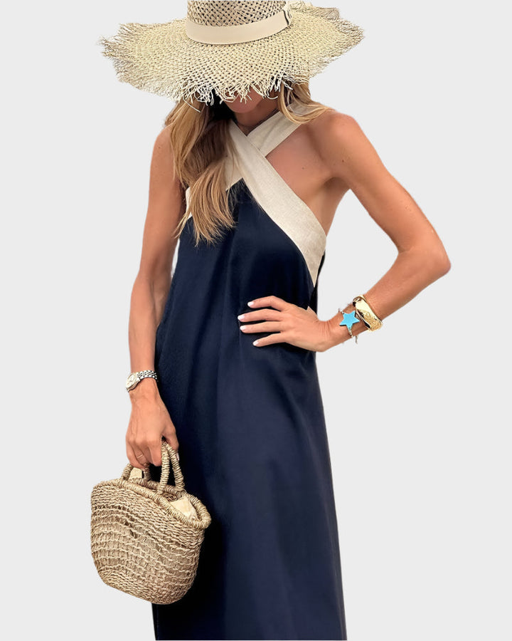 Elegant Dress with Open Back and Modern Crossed Neck