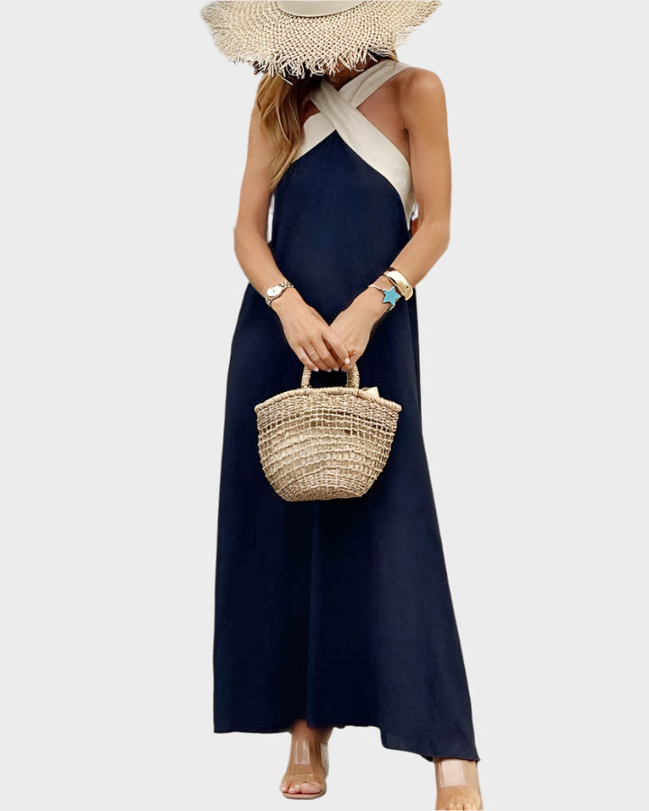 Elegant Dress with Open Back and Modern Crossed Neck