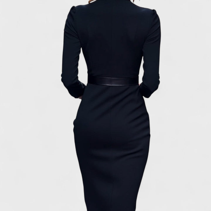 Mandarin - Refined Black Dress with Belt and Collar
