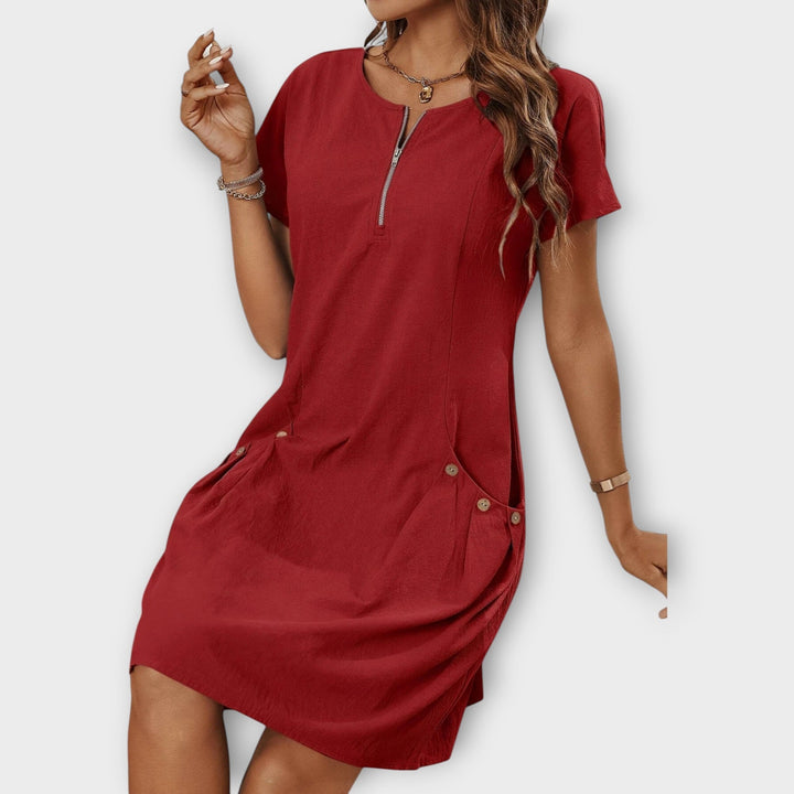 Mini Dress with Short Sleeves and Zipper at the Neckline