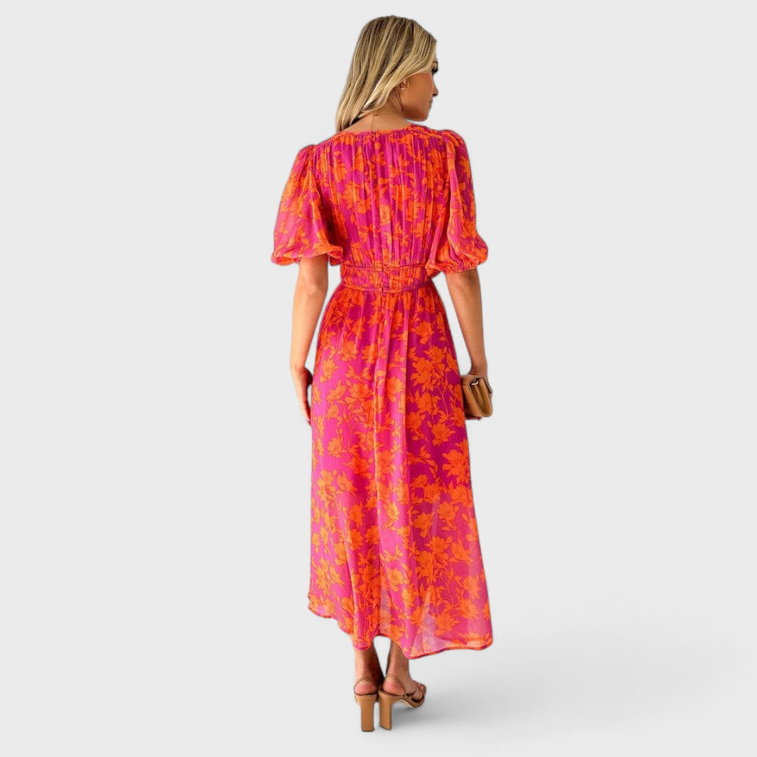 Katty - Floral Midi Dress with Puff Sleeves and V-Neck