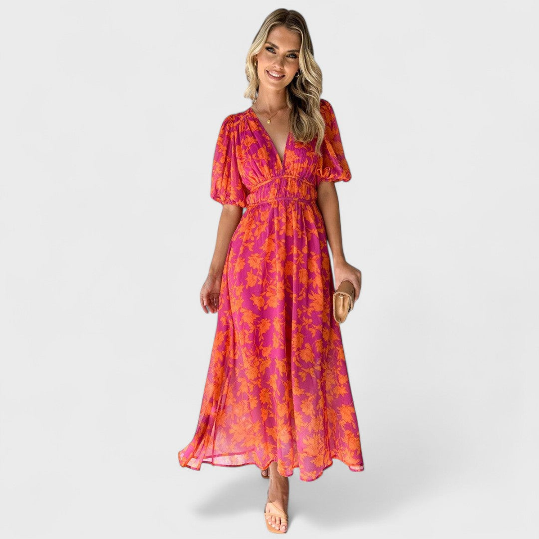 Katty - Floral Midi Dress with Puff Sleeves and V-Neck