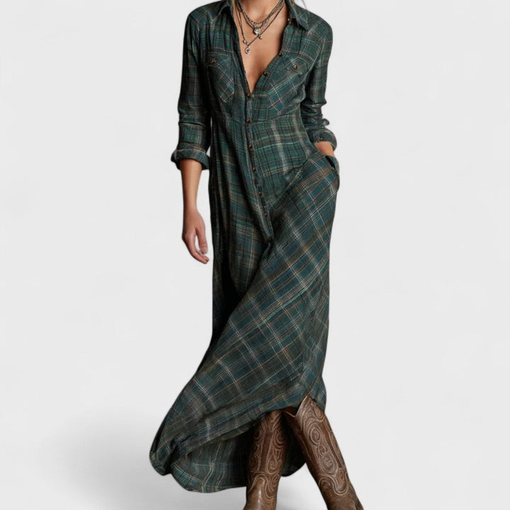 Lange - Long dress with green check lapels