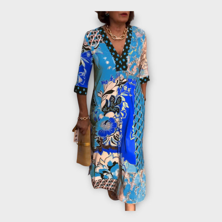 Colorful Dress with Buttons and 3/4 Sleeves