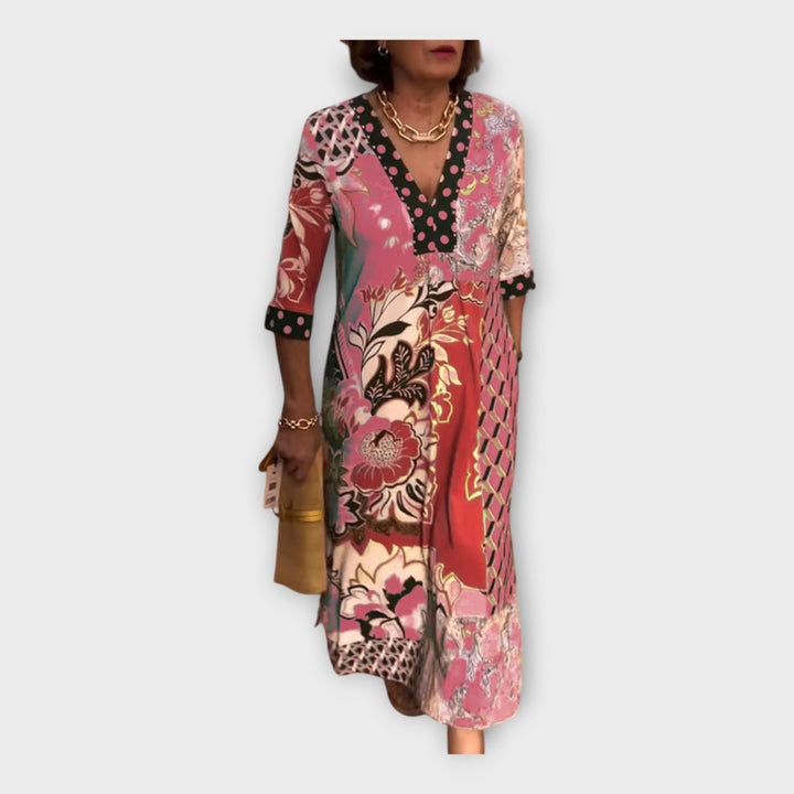 Colorful Dress with Buttons and 3/4 Sleeves