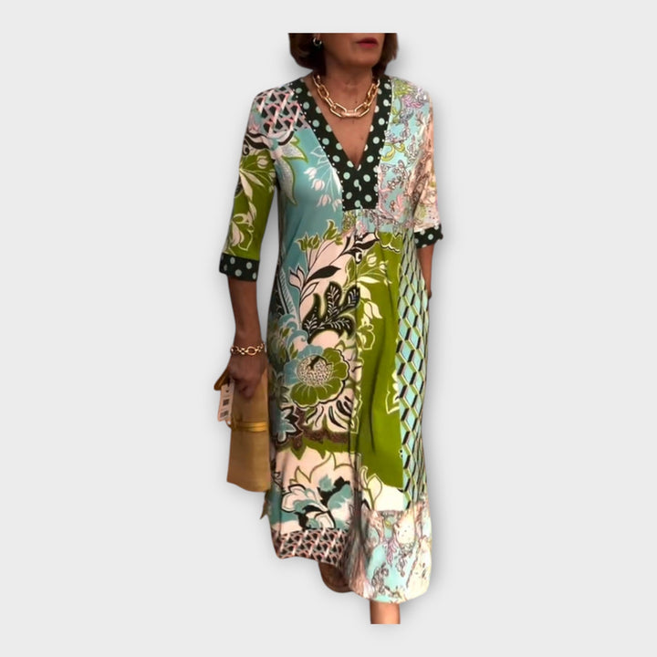 Colorful Dress with Buttons and 3/4 Sleeves