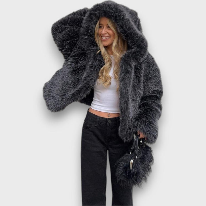 Leyana – Oversized Faux Fur Jacket with Hood in Smoke Gray