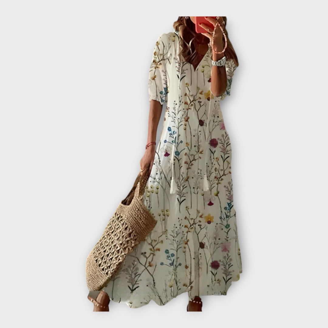 Vintage Dress with Embroidery and V-Neck