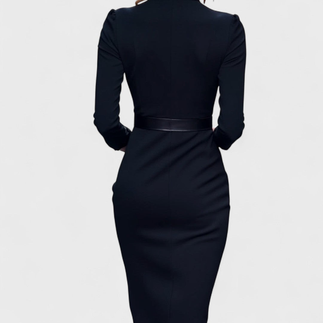 Mandarin - Refined Black Dress with Belt and Collar
