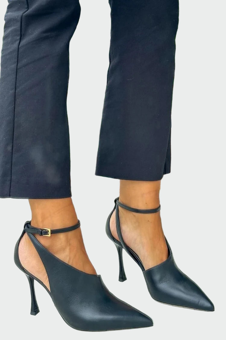 Black stilettos with pointed toe and ankle strap
