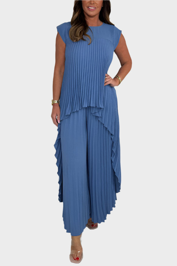 Set with Pleated Top with Short Sleeves and Irregular Midi Length, Wide Leg Pants with Elastic Waist