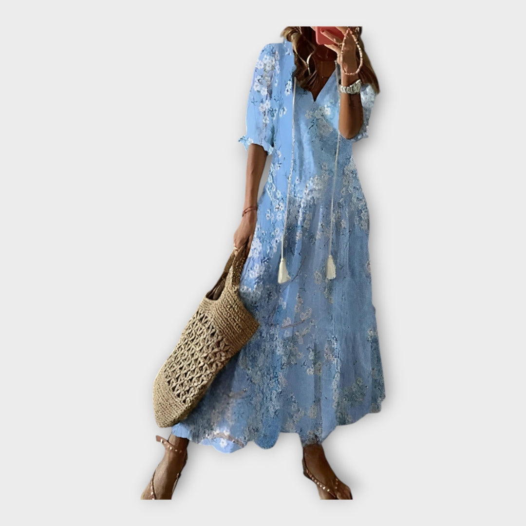 Vintage Dress with Embroidery and V-Neck