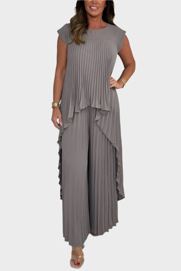 Set with Pleated Top with Short Sleeves and Irregular Midi Length, Wide Leg Pants with Elastic Waist