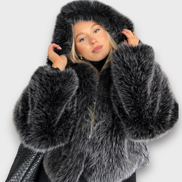Leyana – Oversized Faux Fur Jacket with Hood in Smoke Gray