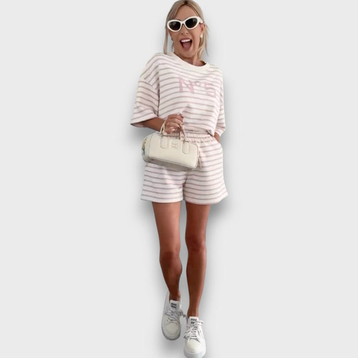 Striped Set with T-Shirt and Shorts with Print