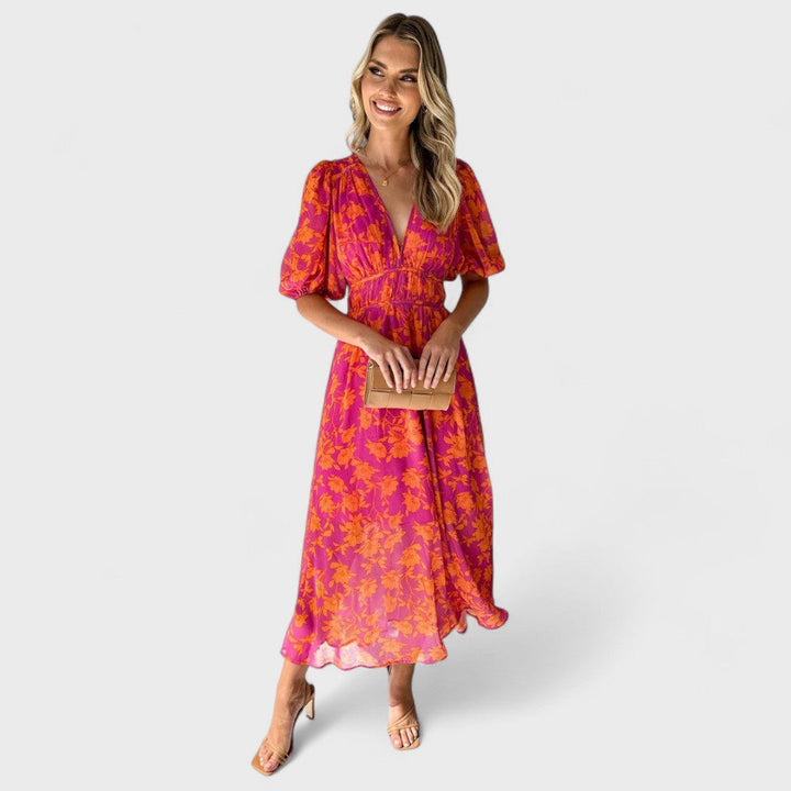 Katty - Floral Midi Dress with Puff Sleeves and V-Neck