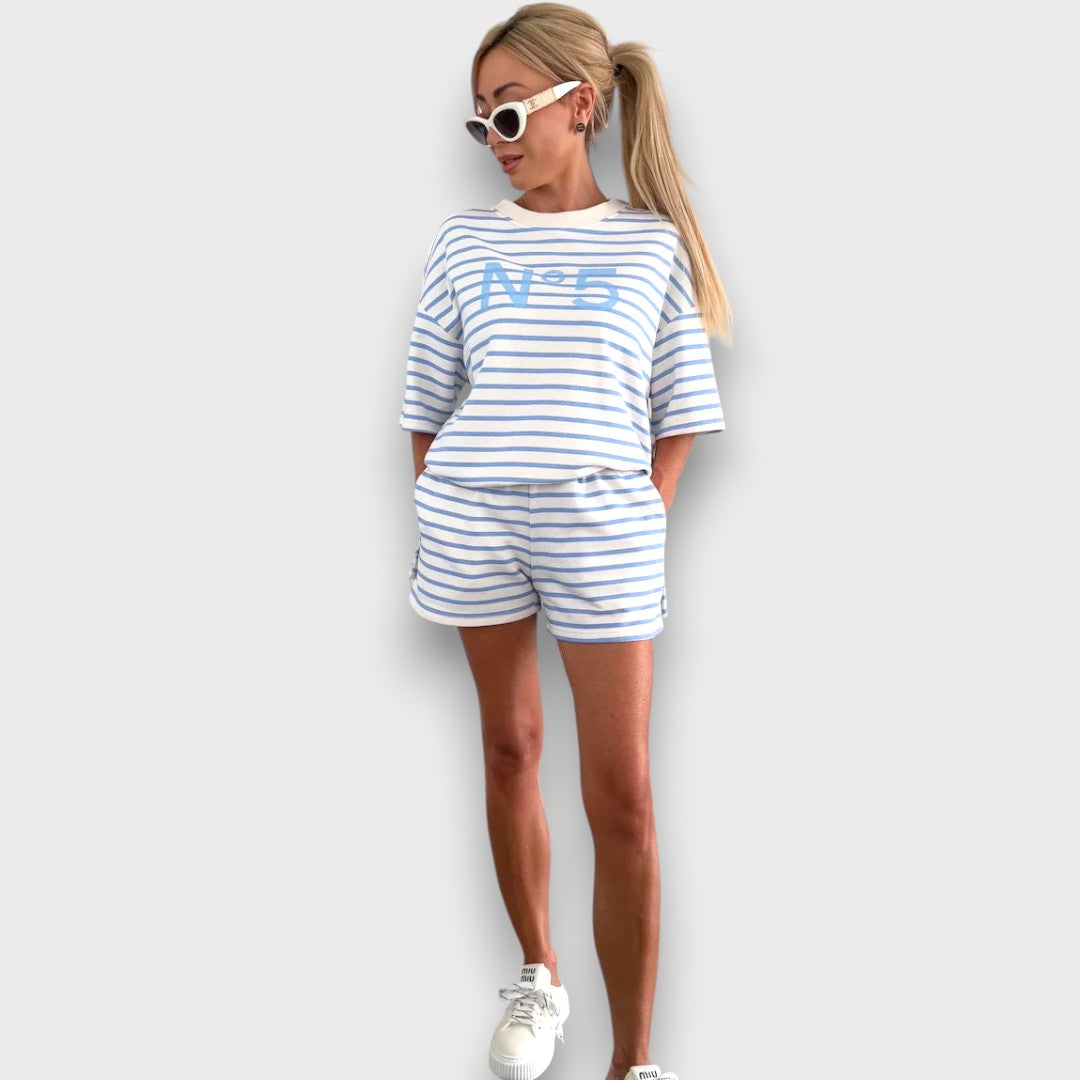 Striped Set with T-Shirt and Shorts with Print