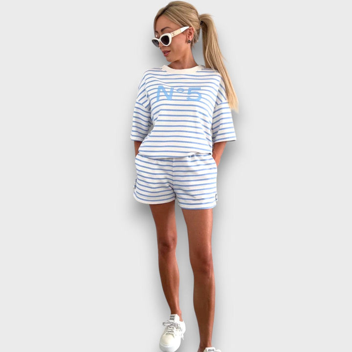 Striped Set with T-Shirt and Shorts with Print