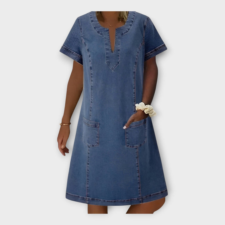Jeans Dress with Pockets and V-Neck