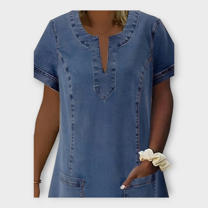 Jeans Dress with Pockets and V-Neck