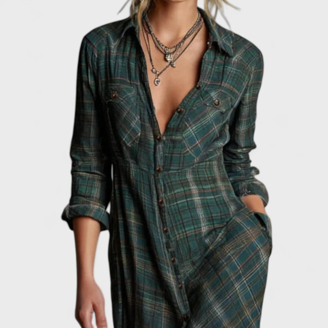 Lange - Long dress with green check lapels