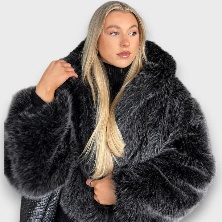Leyana – Oversized Faux Fur Jacket with Hood in Smoke Gray