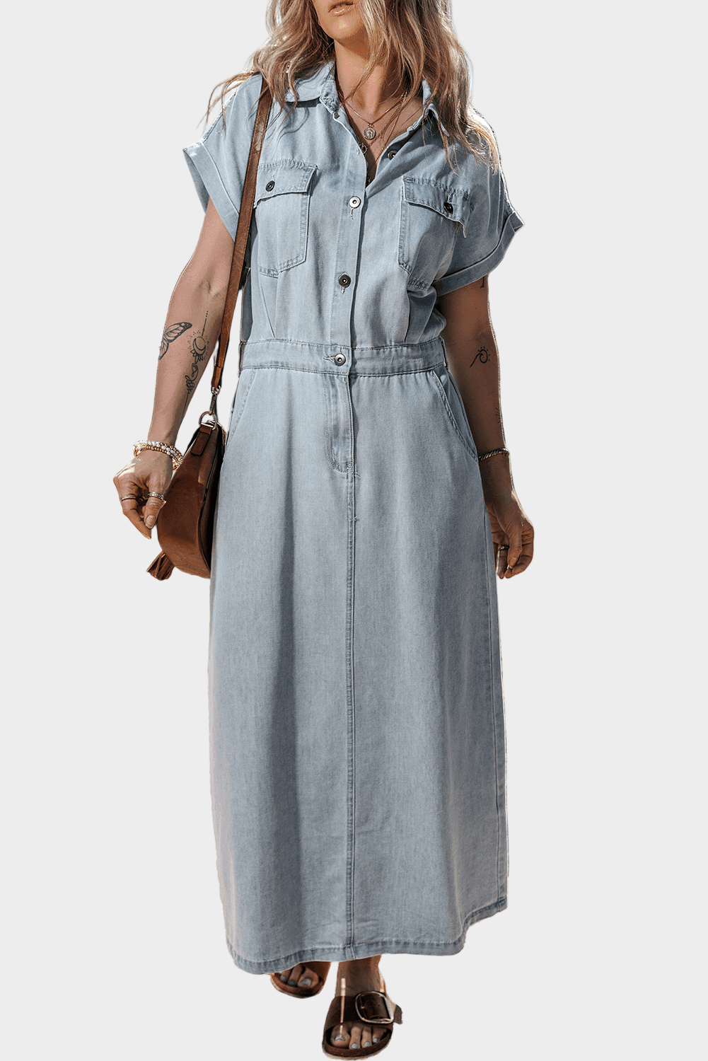 Denim Dress with Elegant Short Sleeves