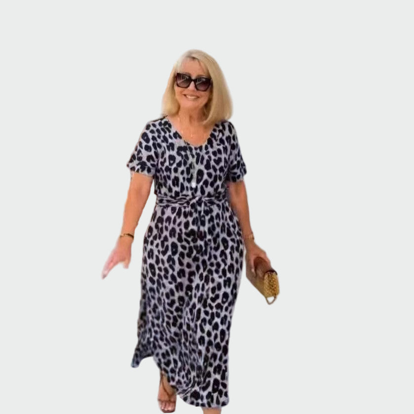 Dress with Leopard Print and Impressive V-Neck