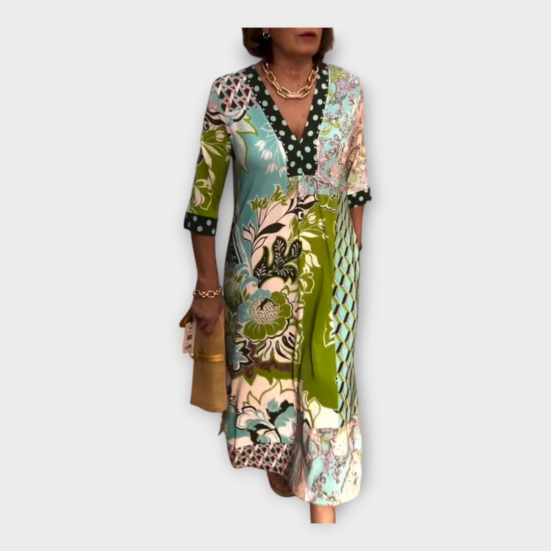 Colorful Dress with Buttons and 3/4 Sleeves