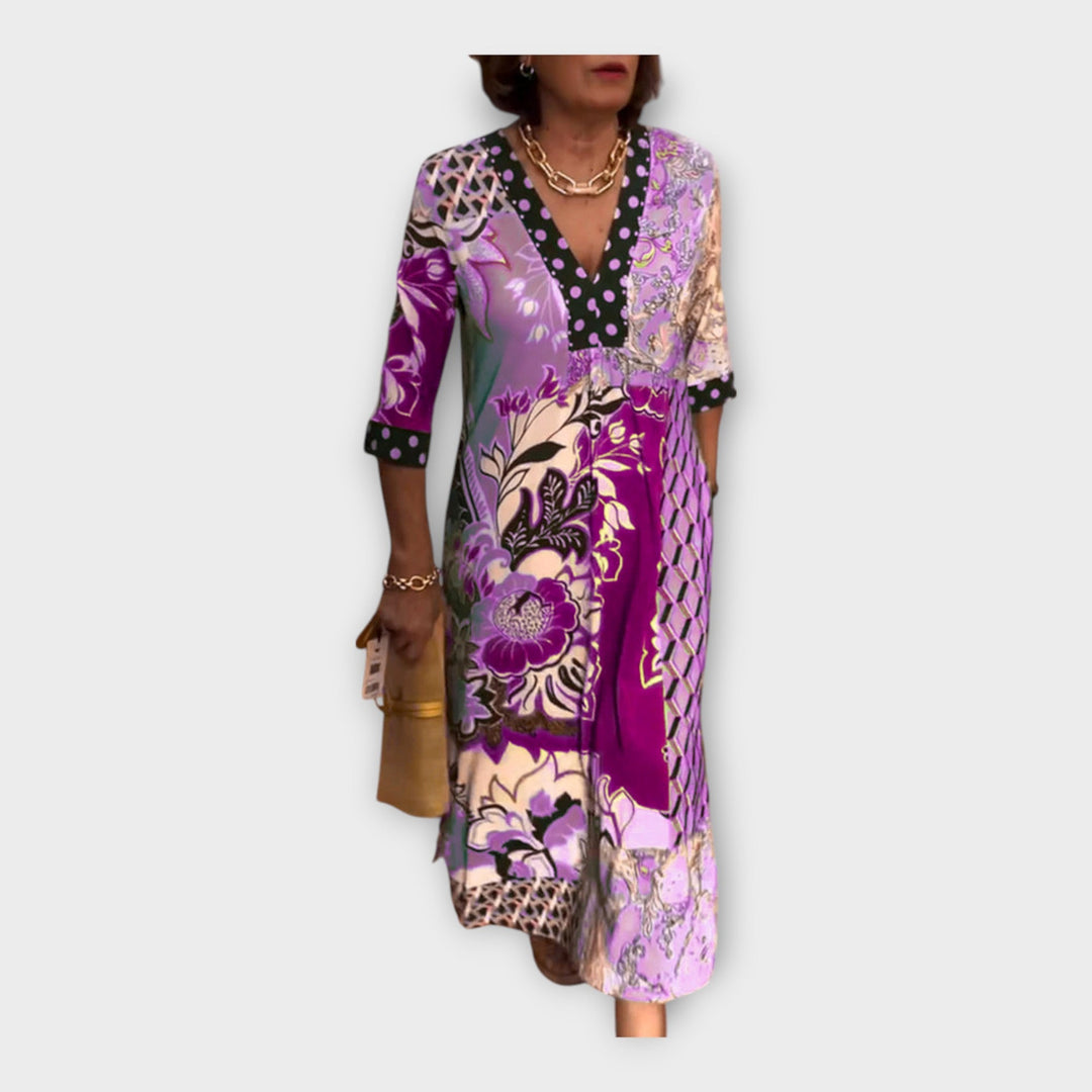 Colorful Dress with Buttons and 3/4 Sleeves