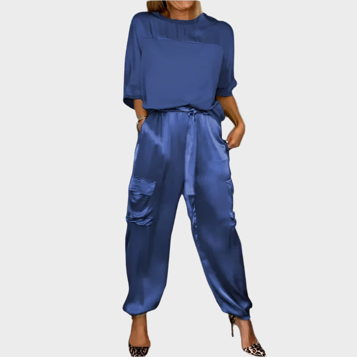 Satin Set with Loose Blouse and Cargo Pants