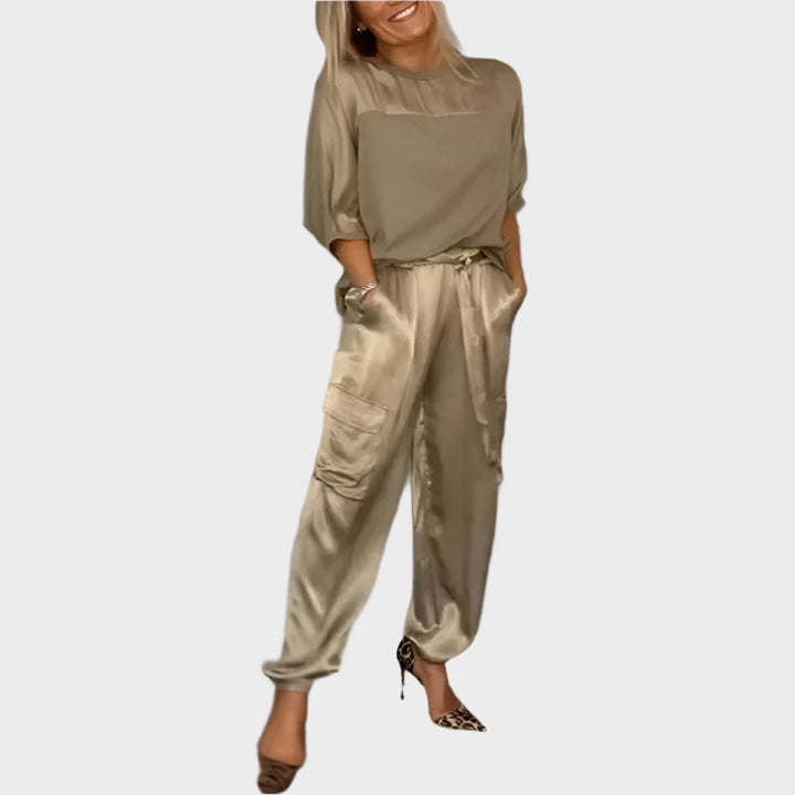 Satin Set with Loose Blouse and Cargo Pants
