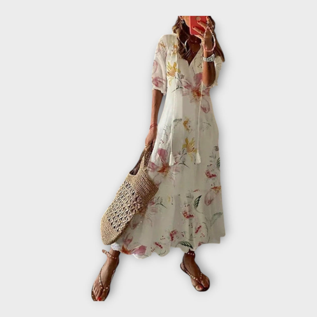 Vintage Dress with Embroidery and V-Neck