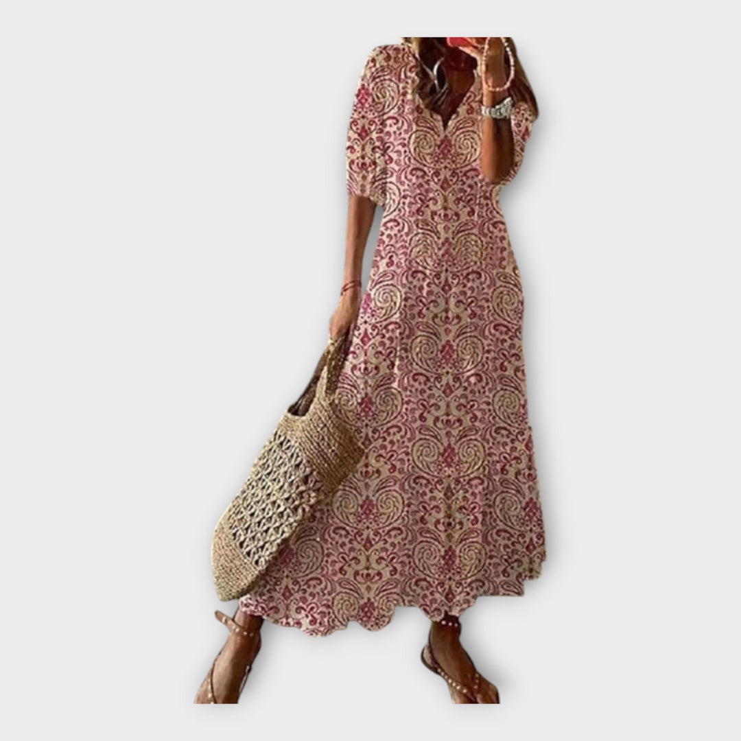 Vintage Dress with Embroidery and V-Neck