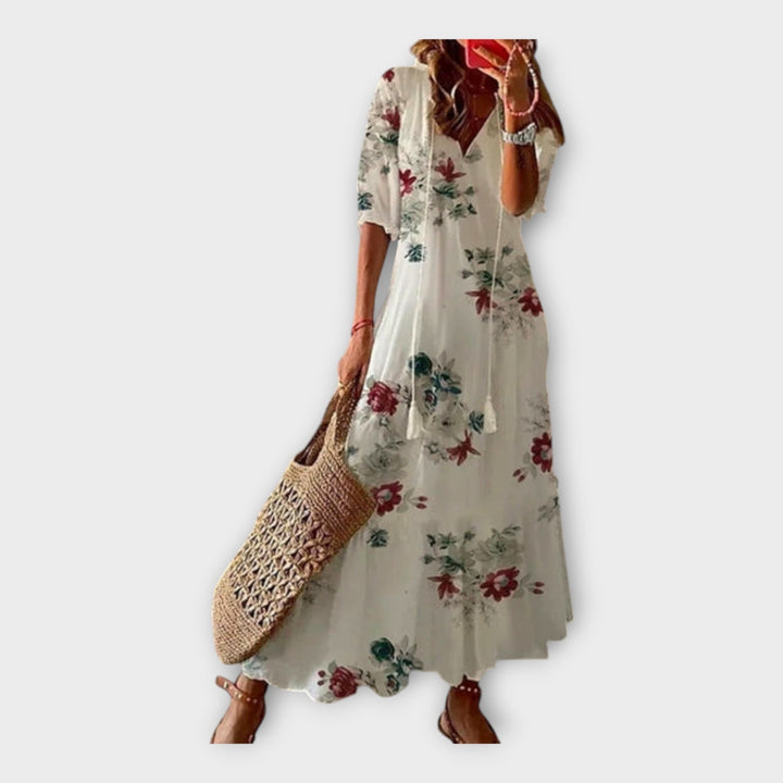 Vintage Dress with Embroidery and V-Neck